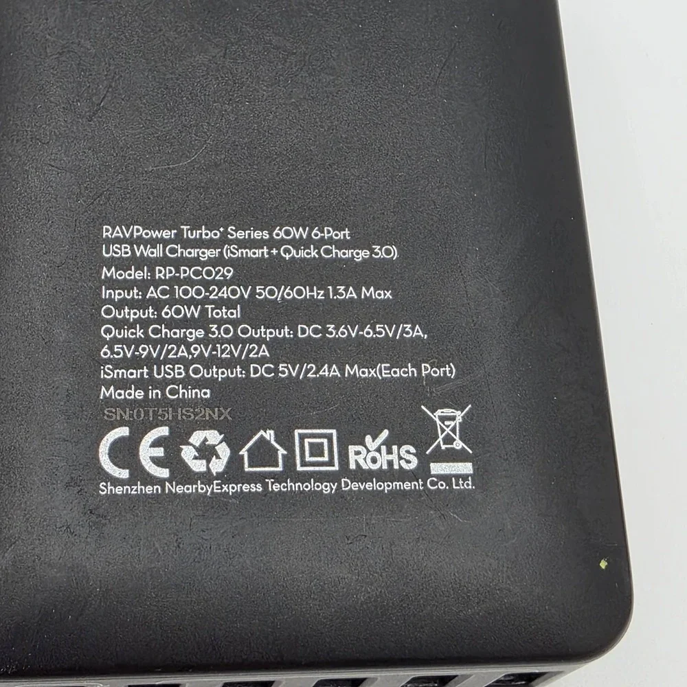 RAVPower USB Wall Charger 60W 6-Port Black Plastic QC 3.0 iSmart Desktop Hub